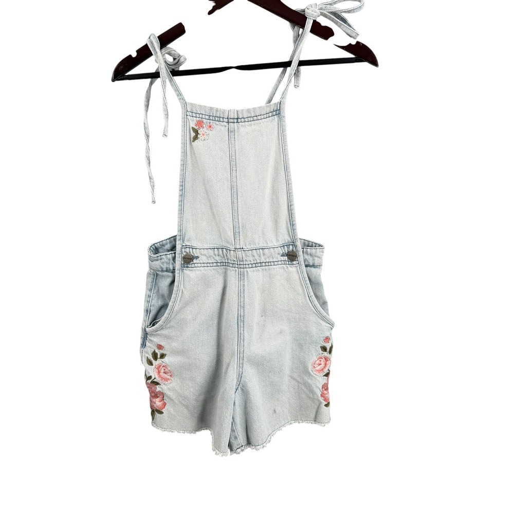 Driftwood Denim Shortalls XS Light Blue Floral Embroidered Tie Strap 100% Cotton